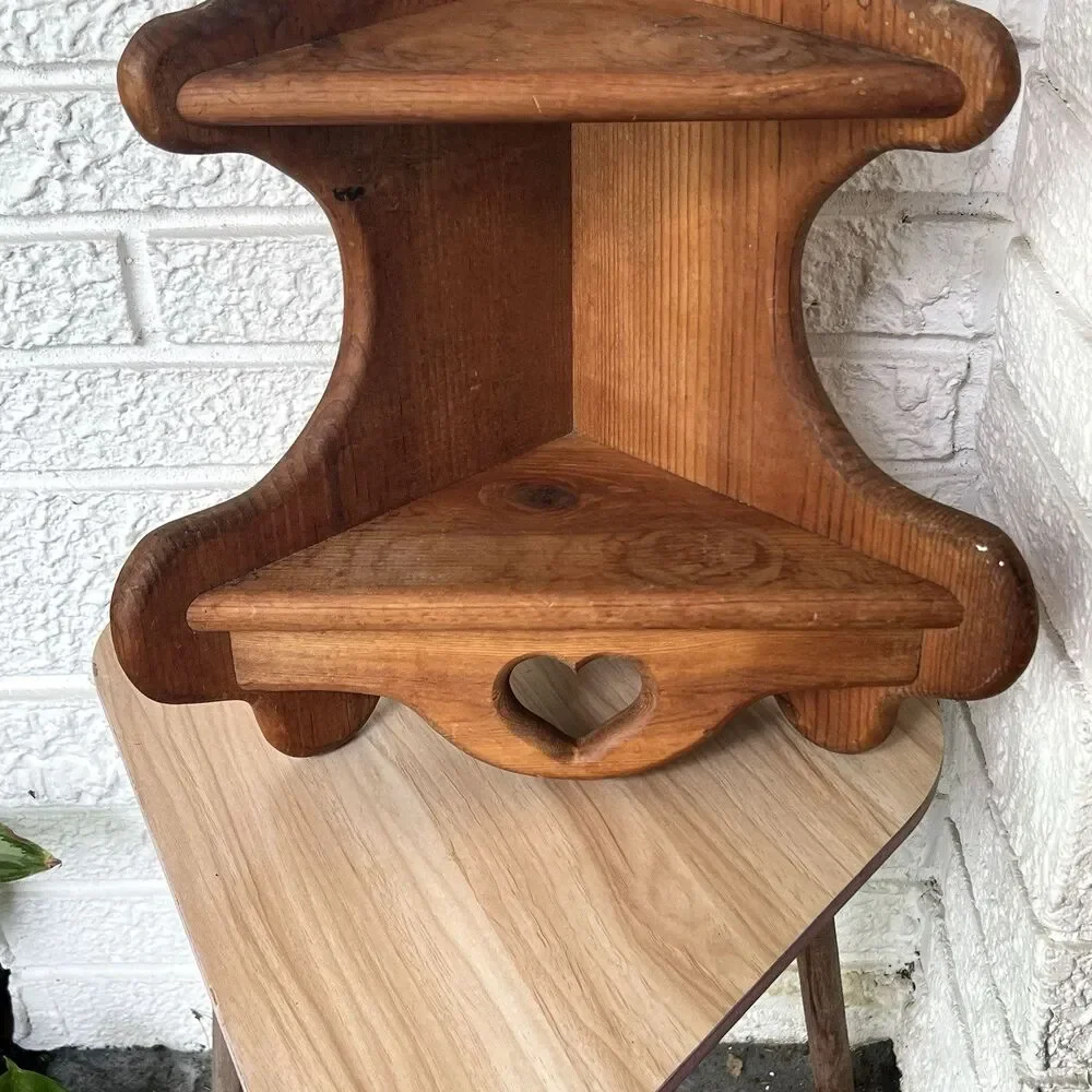 Vintage Wood Heart Cutout 2 Tier Corner Shelf Farmhouse Cottagecore Cabincore